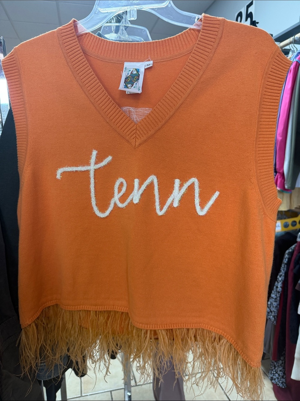 Queen of Sparkles Feather-Hem Knit Vest – Orange